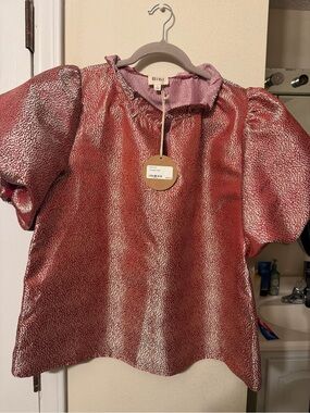 BiBi Metallic Pink Puff-Sleeve Top with Ruffled Collar